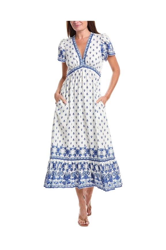 womens Flutter Sleeve V-Neck Empire Waist Linen-Blend Maxi Dress, s,