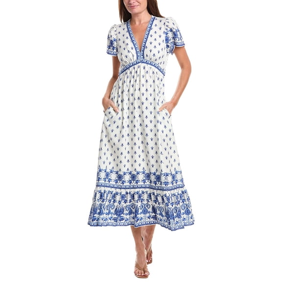 Max Studio womens Flutter Sleeve V-Neck Empire Waist Linen-Blend Maxi Dress,