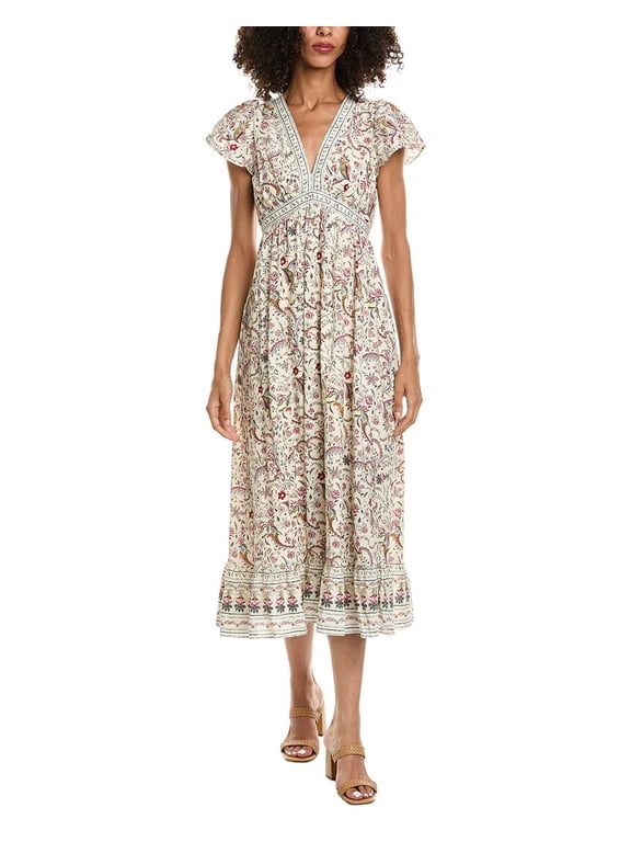 womens Flutter Sleeve V-Neck Empire Waist Midi Dress, l, White