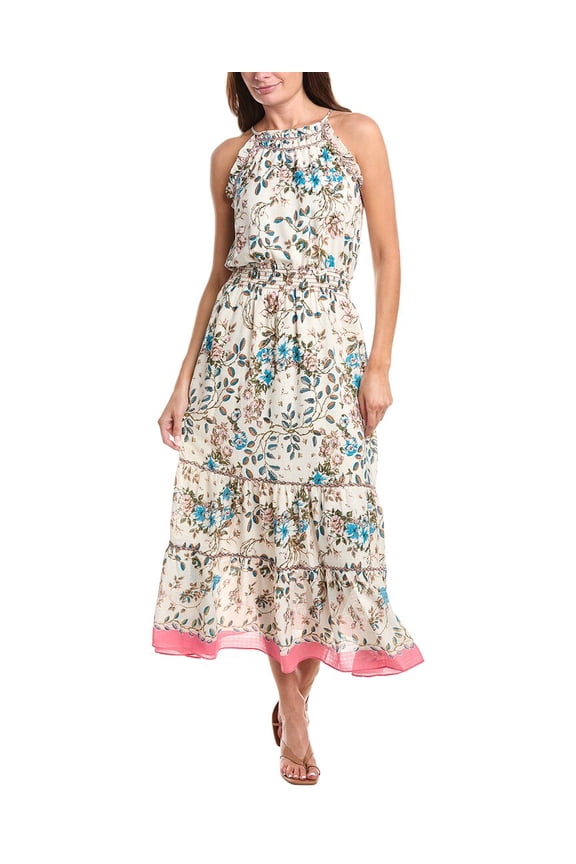 womens Georgette Embroidered Neck Smocked Maxi Dress, s, White