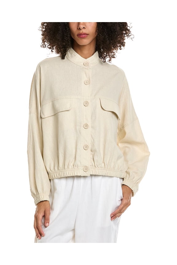 womens Linen-Blend Bomber Shirt Jacket, XL, Brown