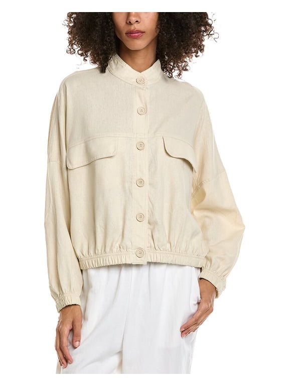 womens Linen-Blend Bomber Shirt Jacket, l, Brown