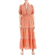chinese dress ladies Max Studio Women's 3/4 Puff Sleeve V-Neck Maxi Dress, Spiced Apple Rambling  Dahlia, X-Small at Amazon Women's Clothing store main image 1