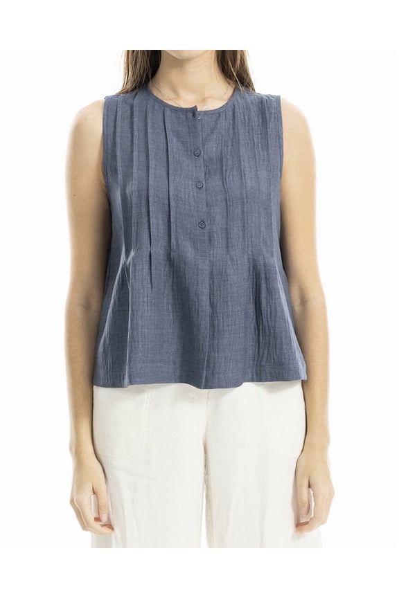 womens  Pleated Button-Front Blouse, xs, Blue
