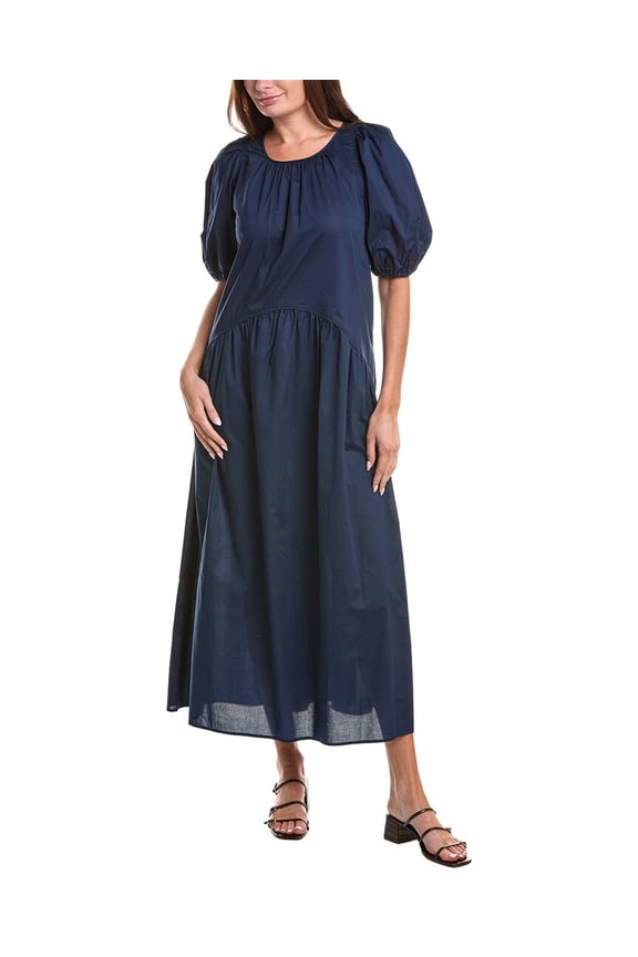 womens  Puff Sleeve Drop Waist Maxi Dress, s, Navy