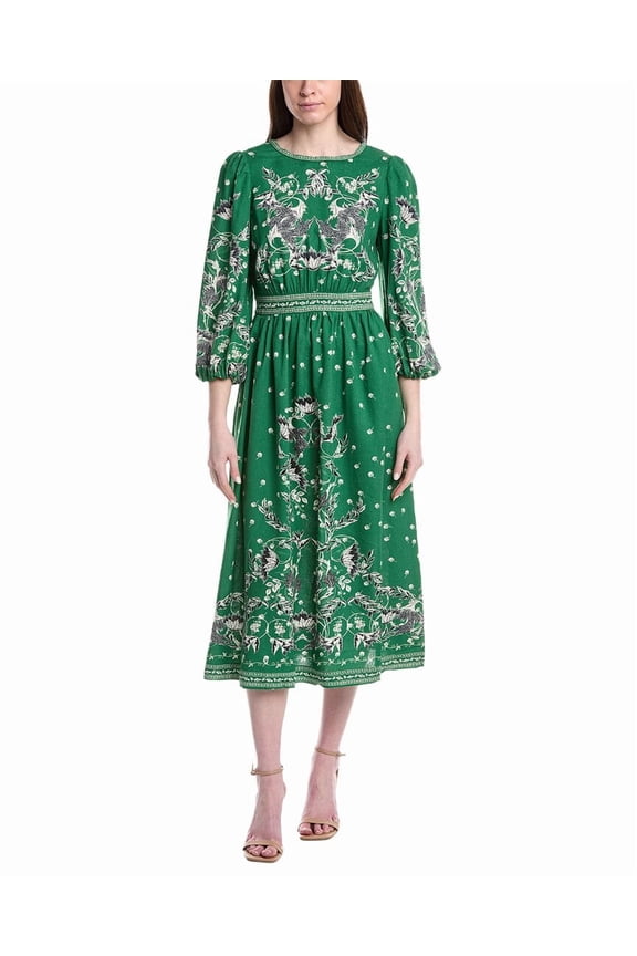womens  Puff Sleeve Linen-Blend Maxi Dress, s, Green