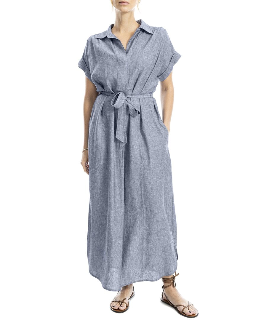 Max Studio womens Roll Sleeve Belted Linen-Blend Maxi Dress, m, Blue