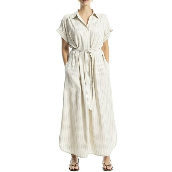 Max Studio womens Roll Sleeve Belted Linen-Blend Maxi Dress, m, White