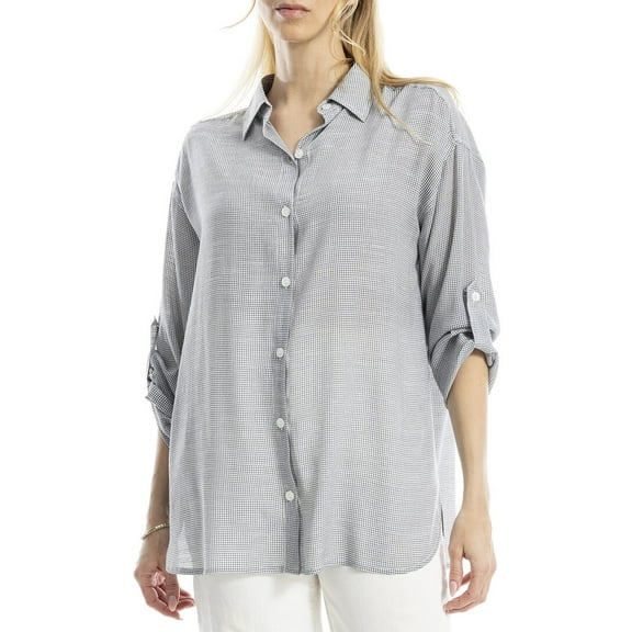 Max Studio womens  Roll Tab Oversized Button Front Shirt, xs, Blue