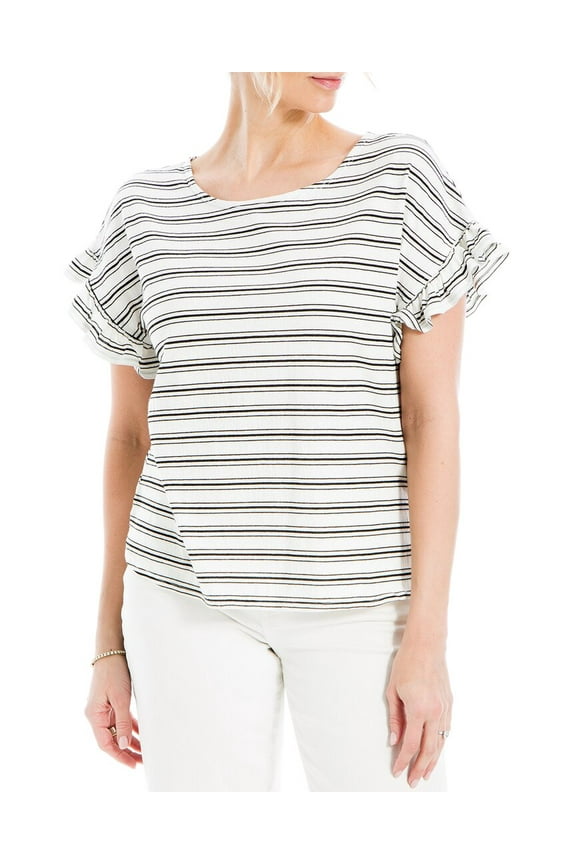 womens Ruffle Sleeve Stripe Top, xs, White
