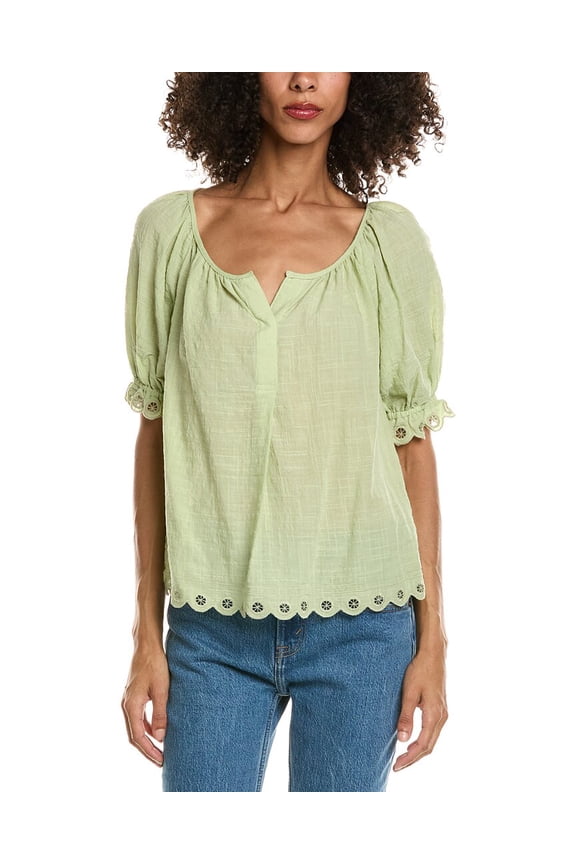 womens Scallop Edge Bubble Sleeve Blouse, s, Brown