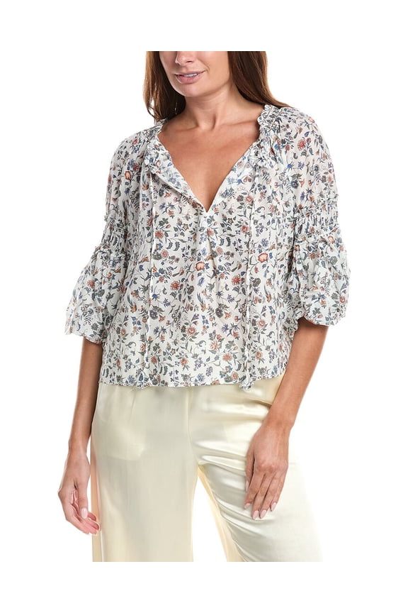 womens Scoop Neck Ballon Sleeve Blouse, m, White