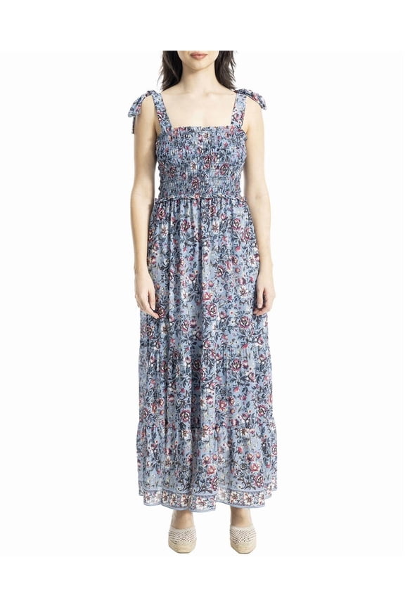 womens Self Tie Smocked Bodice Maxi Dress, m, Blue
