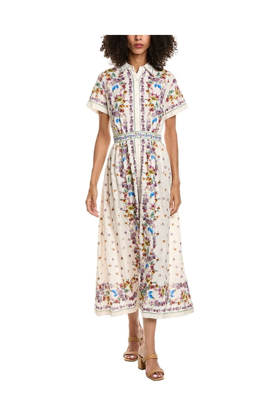 womens Short Sleeve Button Front Midi Dress, m, White