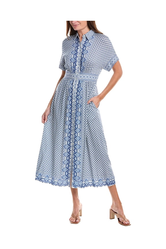 womens  Short Sleeve Button Front Midi Dress, xs, Blue
