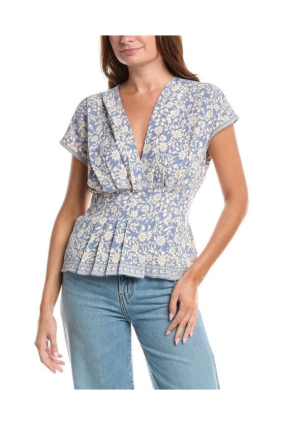 womens  Short Sleeve Pleat Front Blouse, l, Blue
