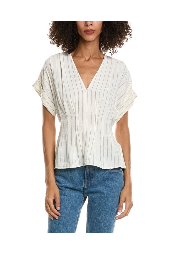 womens Short Sleeve Pleat Front Linen-Blend Blouse, m, White