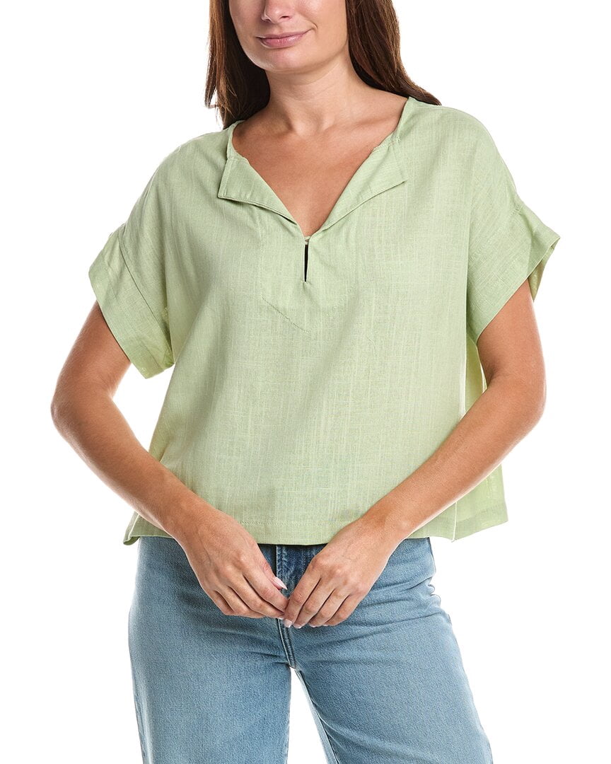 Max Studio Short Sleeve Split Neck Linen-Blend Top Women’s