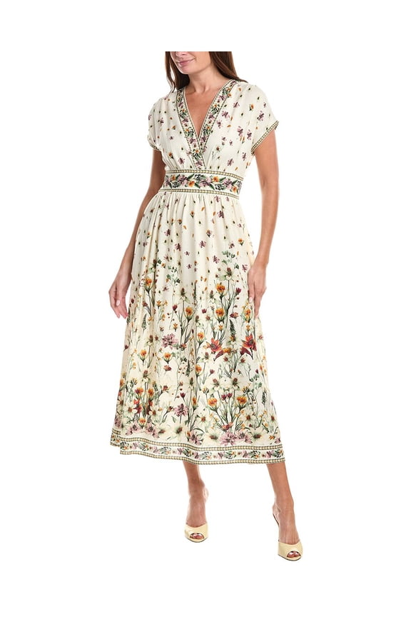 womens Short Sleeve Surplice Linen-Blend Midi Dress, s, Pink