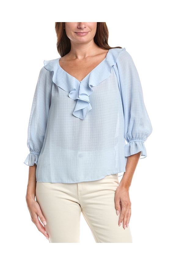 womens Sleeve Ruffle Front Blouse, l, Blue