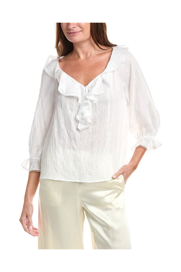 womens Sleeve Ruffle Front Blouse, l, White