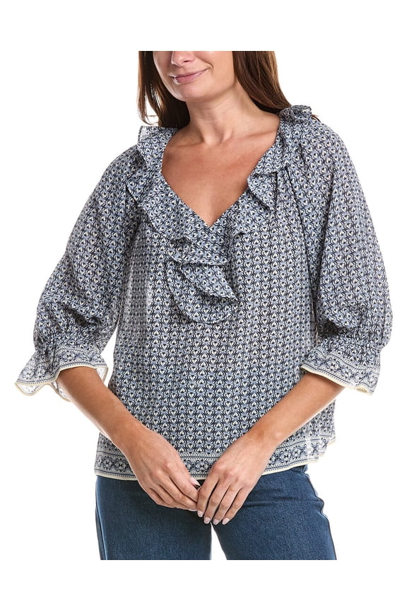 womens Sleeve Ruffle Front Blouse, xs, Navy