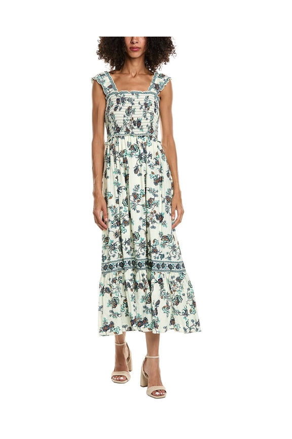 womens Smocked Bodice Midi Dress, s, Blue