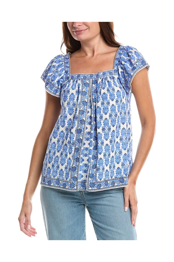 womens Square Neck Flutter Sleeve Blouse, s, Blue