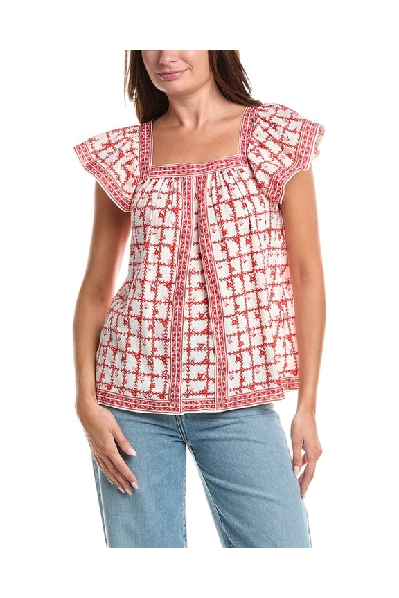 womens Square Neck Flutter Sleeve Blouse, xs, Red