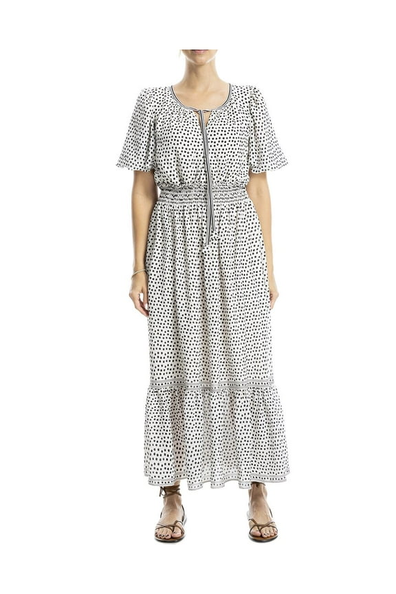 womens  Tie Neck Bubble Sleeve Tiered Maxi Dress, s