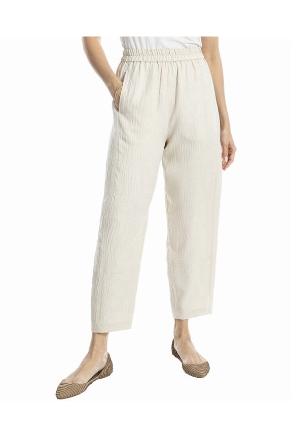 womens Two-Tone Textured Woven Linen-Blend Pant, l, Beige