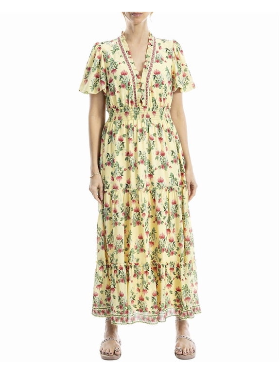 womens V-Neck Tiered Maxi Dress, xs, Yellow