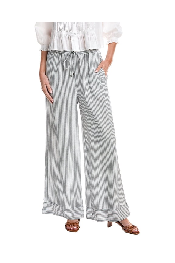 womens  Wide Leg Drawstring Linen-Blend Pant, l, Navy
