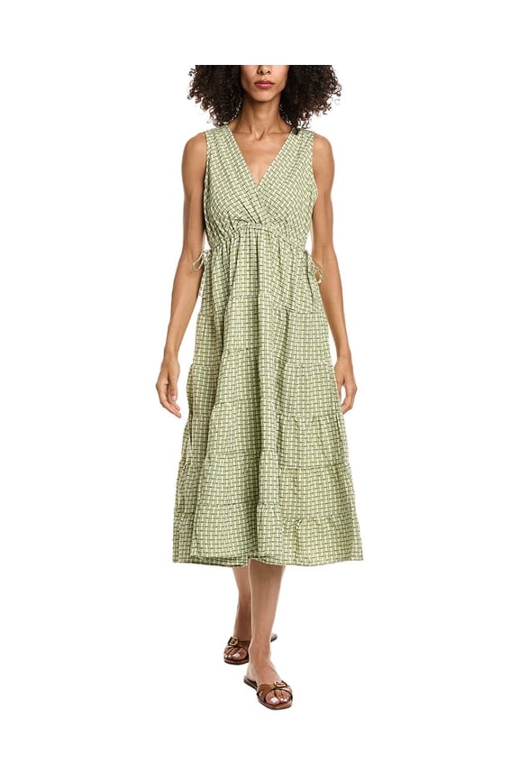 womens Yarn Dye V-Neck Tiered Midi Dress, s, White
