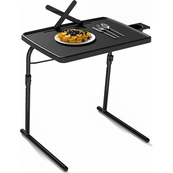 Max TV Tray Table, Large TV Dinner Tray for Eating, Adjustable Folding Laptop Table with Book Stand, Cup Holder & Tablet Slot, Folding Table with 6 Height & 3 Tilt Angle Adjustments (Black)
