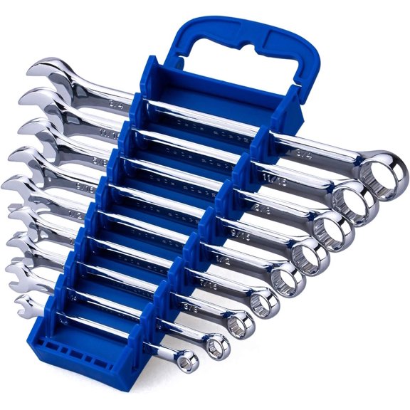 Max Torque 9-  Combination Wrench Set, Standard Inch Sizes from 1/4" to 3/4" with Rack Organizer | Chrome Vanadium Steel, Long  Design, Mirror Chrome Finish, Open and Box Ends