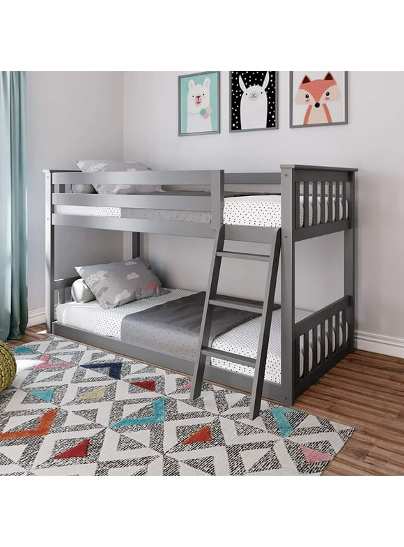 Max &amp; Lily Low Bunk Bed  Twin-Over-Twin Wood Bed Frame For   Grey