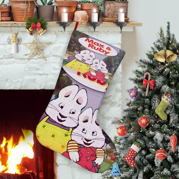 Max and Ruby-theme Christmas StockingsFine white linen for Stairs Fireplace Hanging Xmas Home Decor Christmas gift17.7"X12.6"(45cm32cm)