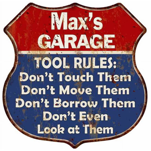Max's Garage Man Cave Rules Sign Shield Metal Gift 211110001023
