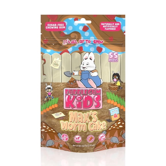 Bubblegum Kids Maxs Worm Cake Sugar Free Gum with Xylitol, Low Calorie Chewing Gum, Chocolate Flavor, 55 Count