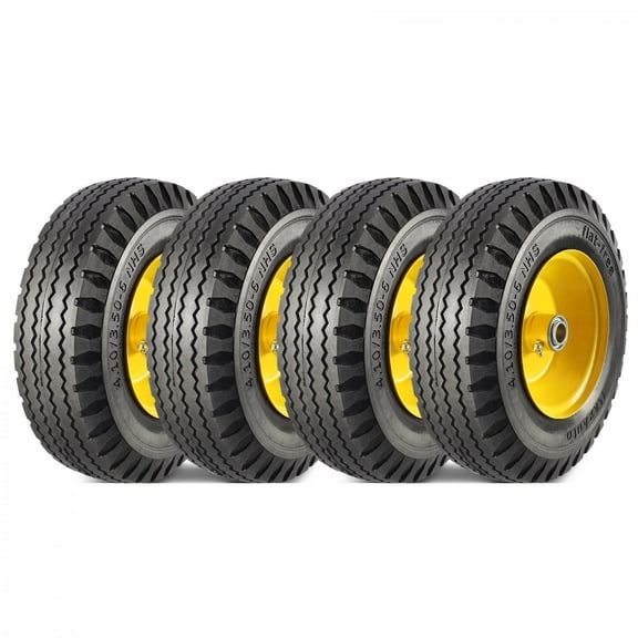 MaxAuto 4.10/3.50-6" Flat Free Tire on Wheel, 3" Centered Hub, 3/4" Bushings, Set of 4