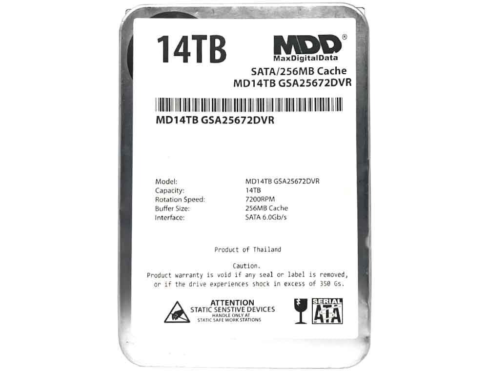 MaxDigitalData 14TB 7200 RPM 256MB Cache SATA 6.0Gb/s 3.5" Internal Hard Drive for Surveillance (MD14TGSA25672DVR) - 3 Years Warranty