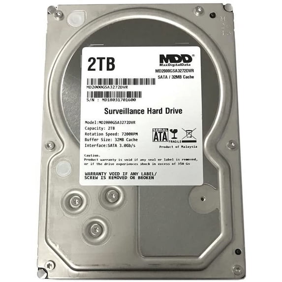 MaxDigitalData 2TB 32MB Cache 7200PM SATA 3.0Gb/s 3.5" Internal Surveillance CCTV DVR Hard Drive (MD2000GSA3272DVR) - w/ 2 Year Warranty