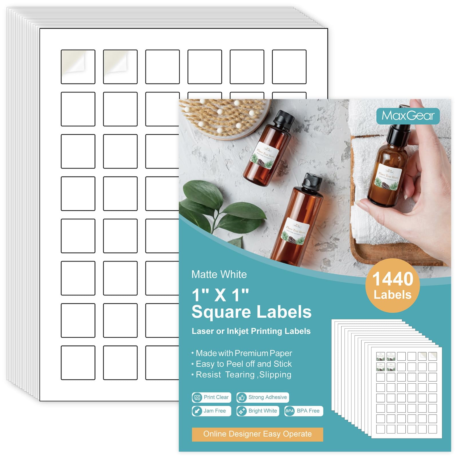 MaxGear 1" x 1" Square Labels, for Inkjet or Laser Printer, Matte White