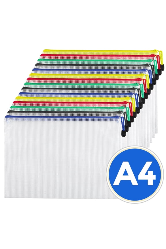 15-Pack A4 Mesh Document Folders, Zipper File Pouches with 5 Colors, Waterproof PVC Ziplock Bags for School Office Supplies Organization