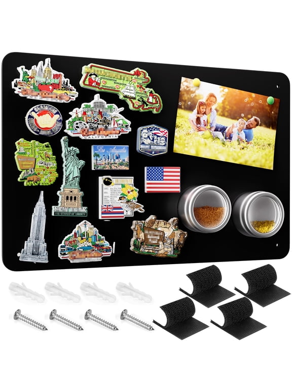 17.5"x11.4" Black Metal Magnetic Bulletin Board with Dual Lock Tape & Screws for Wall, Fridge, Office, Home