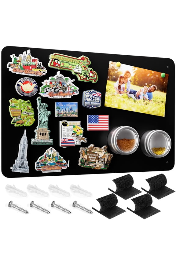 17.5"x11.4" Black Metal Magnetic Bulletin Board with Dual Lock Tape & Screws for Wall, Fridge, Office, Home