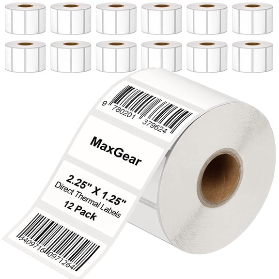 MaxGear 2.25" x 1.25" Direct Thermal Labels, 12 Rolls, 1000 Labels/Roll, Perforated Barcode & Address Stickers with Permanent Adhesive, Compatible with Rollo and Zebra