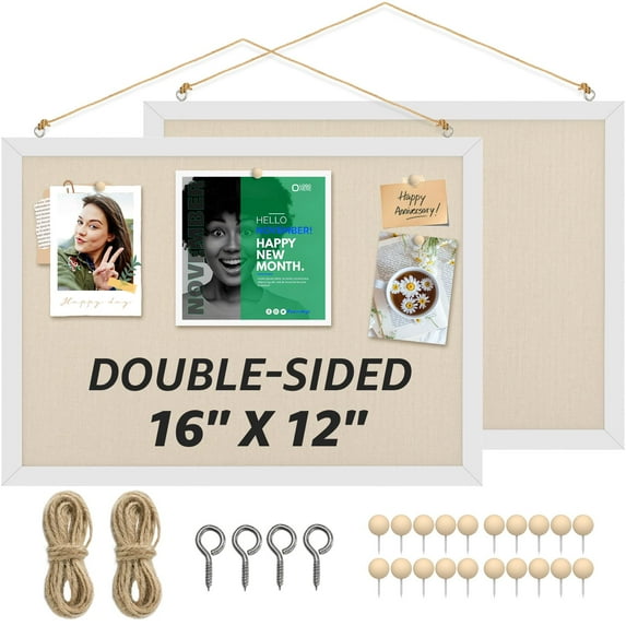 MaxGear 2 Pack Double-Sided Cork & Linen Boards, 16" x 12" Bulletin Board with White Wood Frame, Cork Board for Wall, Vision Board