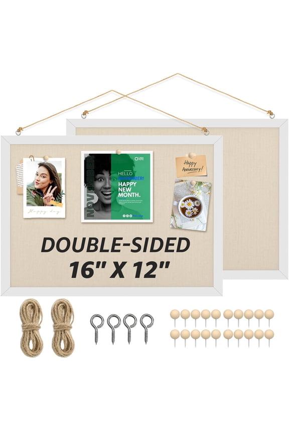 2 Pack Double-Sided Cork & Linen Boards, 16" x 12" Bulletin Board with White Wood Frame, Cork Board for Wall, Vision Board
